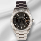 Rolex Date 34mm Ladies 1.5ct Grey Motif Dial Steel Oyster Watch 15000